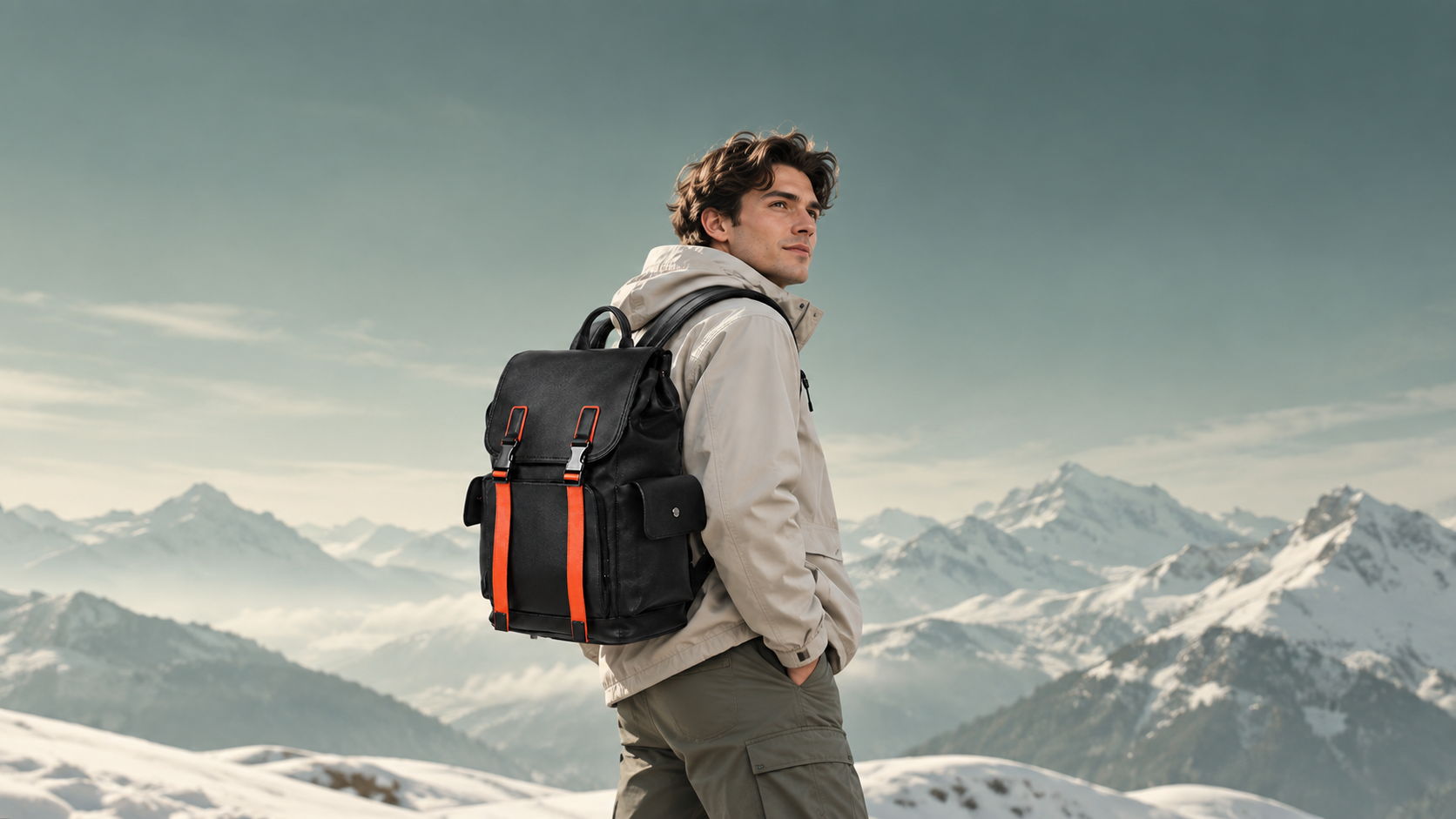 Traveller carrying a VORAH backpack in an alpine setting